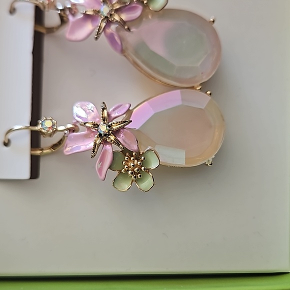 Betsey Johnson Light Pink Glass Drop Earrings w/Pink & Green Flowers w/Gift Box - Picture 2 of 4